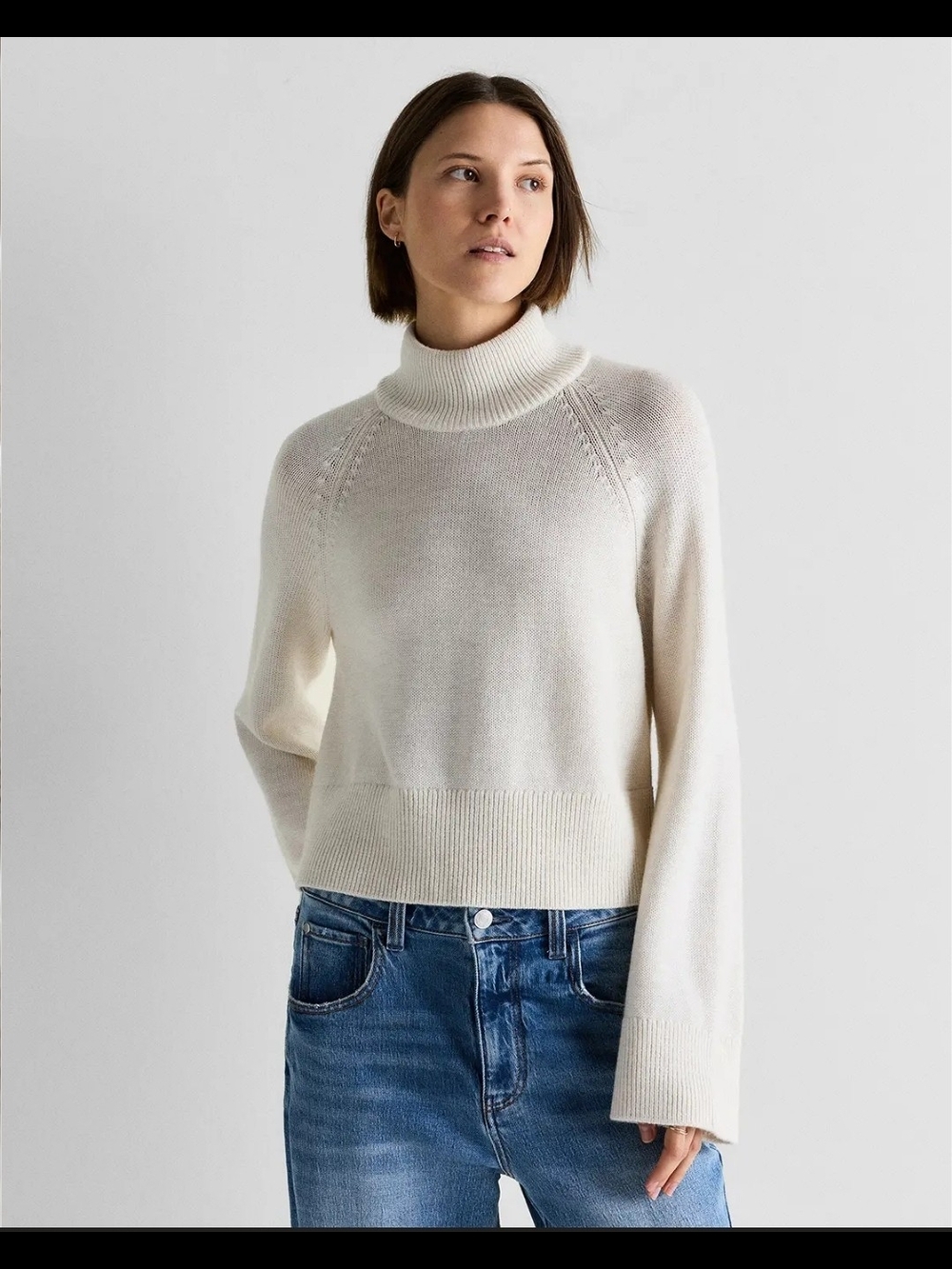 Quince 100% Australian Merino Wool Cropped Mock Neck Sweater S Heather Bone NWT